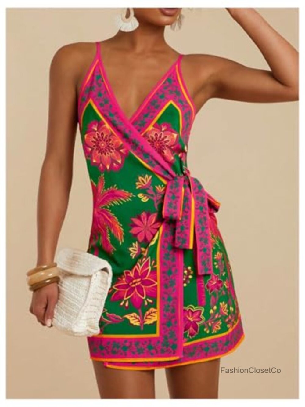 Satin Graphic Bow Tie Mini Wrap Dress Backless Spaghetti Strap - Picture 3 of 5